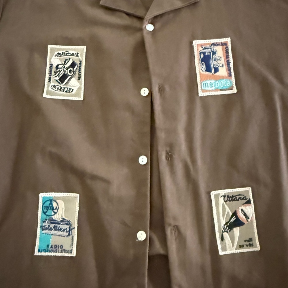 Brown Button Down Shirt With Patch Designs - Alfi… - image 3